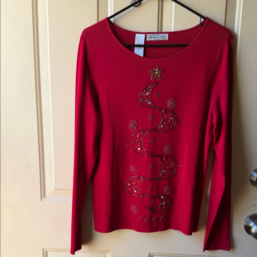 Max & Lily large red long sleeve blouse Christmas tree sequins beads holiday